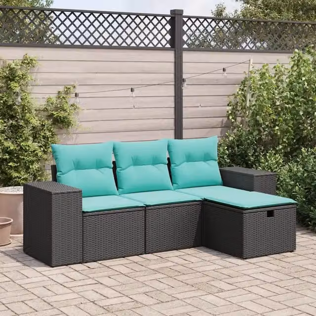 Set Divani da Giardino 4 pz con Cuscini Nero in Polyrattan 3325653
