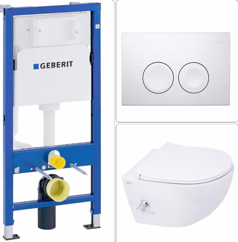 SAT Aquacare WC doccia sospeso senza bordo con sedile SoftClose, isolamento acustico ed elemento a parete GEBERIT BASIC + piastra di risciacquo DELTA25 bianco