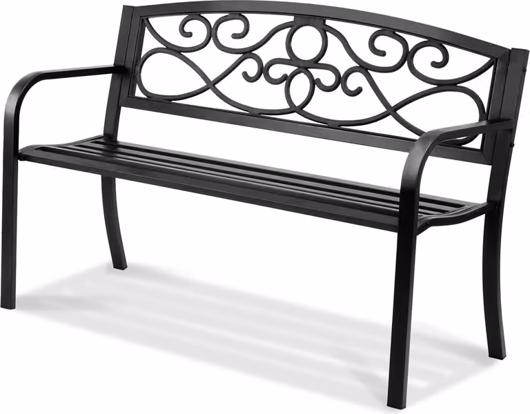 SucceBuy Panca da giardino in metallo da 50 pollici, capacità di carico di 550 libbre, panca da giardino con schienale e braccioli per patio, parco, cortile, portico