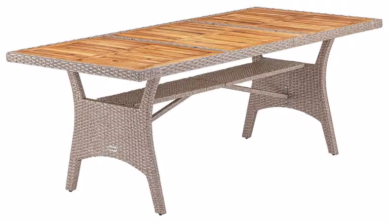 Tavolo da giardino in rattan sintetico - Piano in legno di acacia - 190 x 90 x 74 cm - Resistente agli agenti atmosferici - Colore beige
