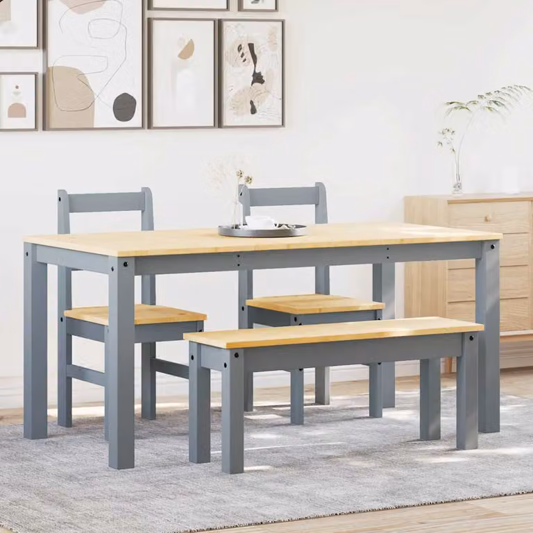 Set da pranzo vidaXL Panama in legno di pino cerato grigio composto da tavolo rettangolare e 4 sedute