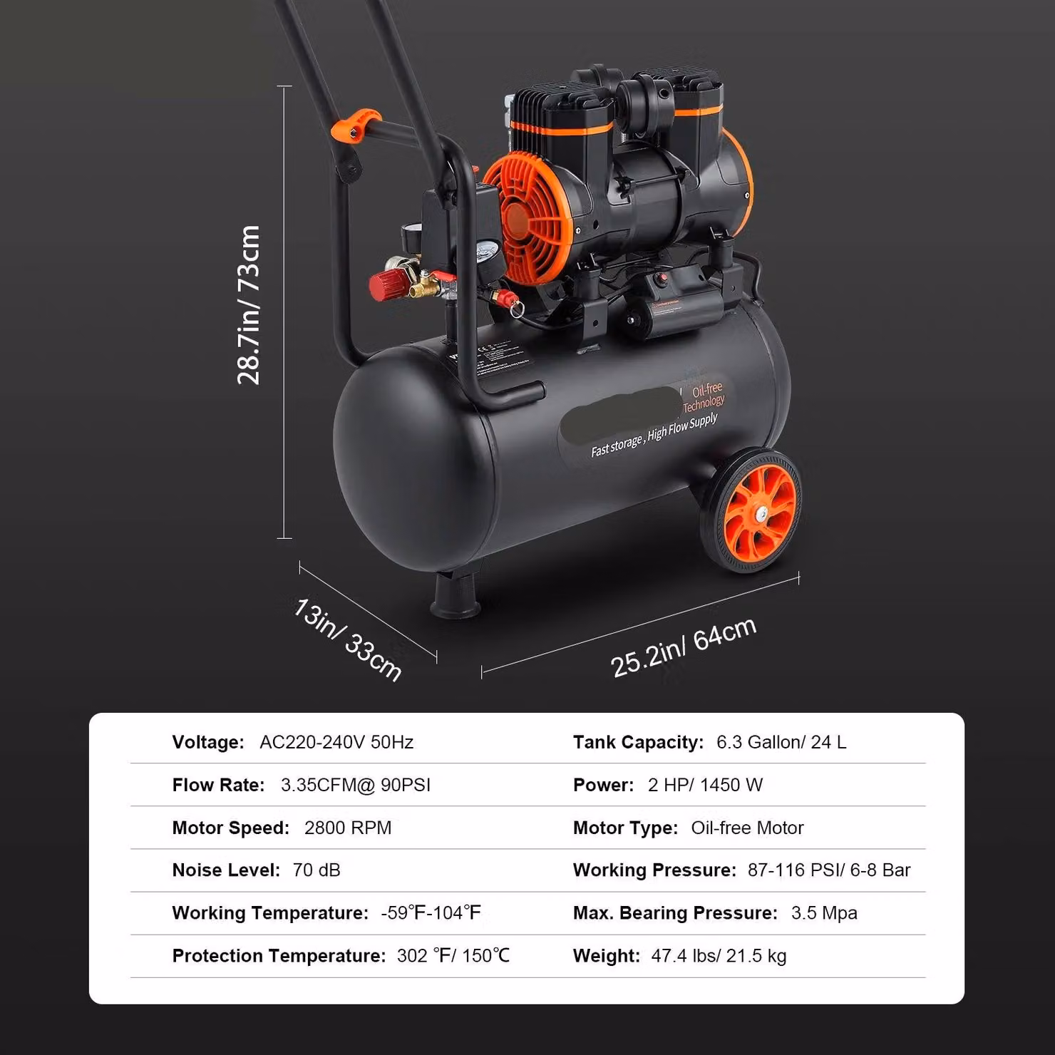 Compressore d'aria - Compressore silenzioso - Pompa d'aria - Compressore portatile senza olio - 24L - 1450W