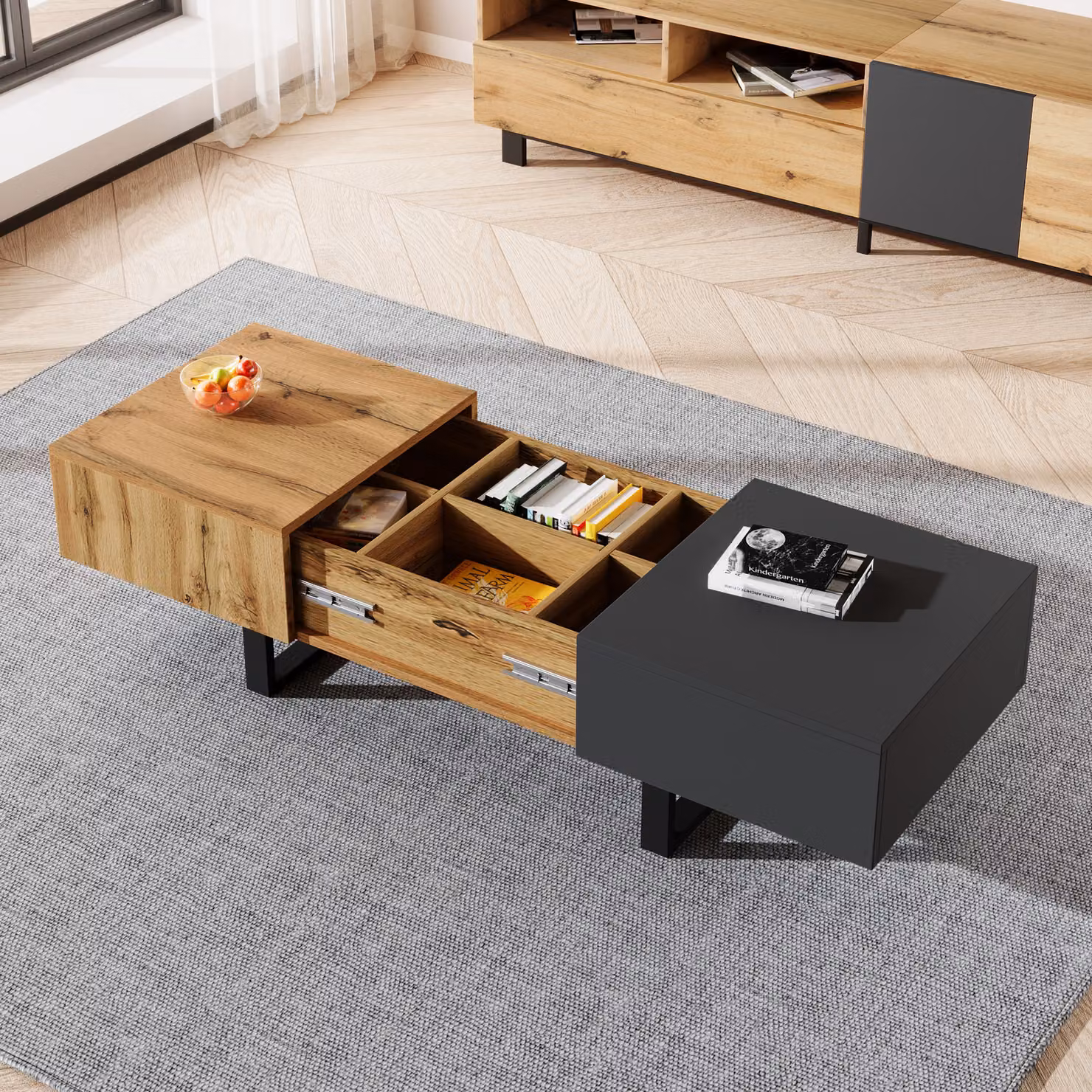 Tavolino Merax con contenitore nascosto, tavolino con piano allungabile, tavolo da soggiorno industriale, 155x55x22cm, natura/antracite