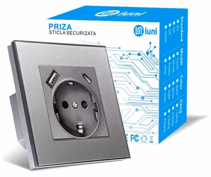 Presa telaio vetro temperato, porte USB-A e USB-C, iUni UC1, 16A, Silver