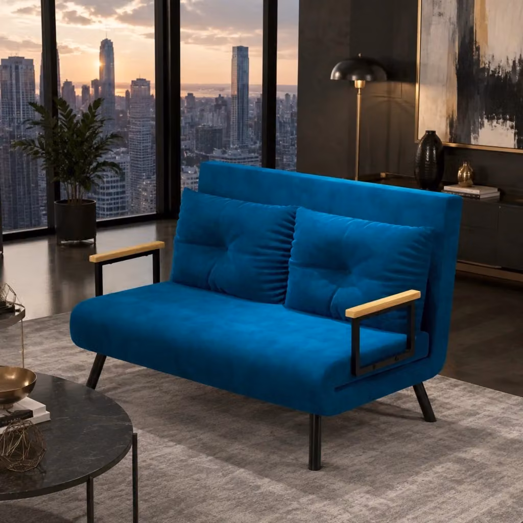 Poltrona letto reclinabile MIVRAY blu in tessuto velvet con struttura in metallo e braccioli in legno L 81 cm x P 102 cm x H 73 cm – 2