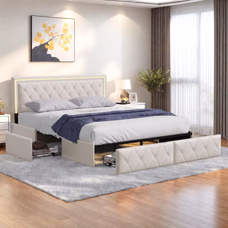 Letto imbottito Fortuna Lai 160x200 cm con LED, 4 cassetti in metallo, rivestimento in PU, rete a doghe, per ragazzi e adulti, beige