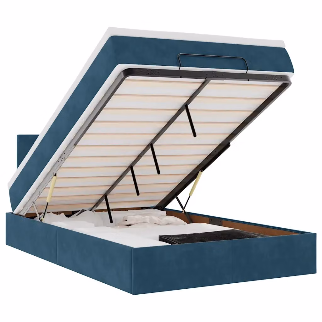 Letto con contenitore a sollevamento vidaXL in velluto blu e bianco, L/P/H: 200 x 120 x 88 cm – 2