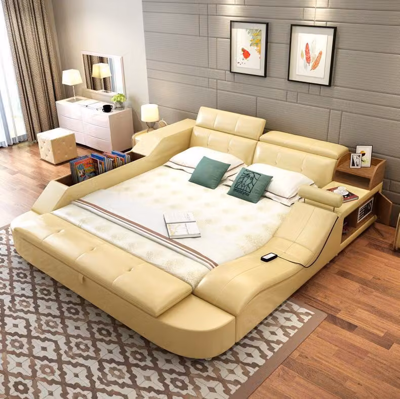 Multifunktions Bett Luxus Design Leder Betten Doppel Regal 180x200cm Save Tresor