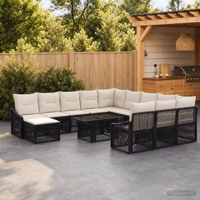 Set Divano da Giardino vidaXL a forma a U in Polyrattan con Tavolino e Ottoman, 13 Pezzi, Nero e Bianco Crema – 1