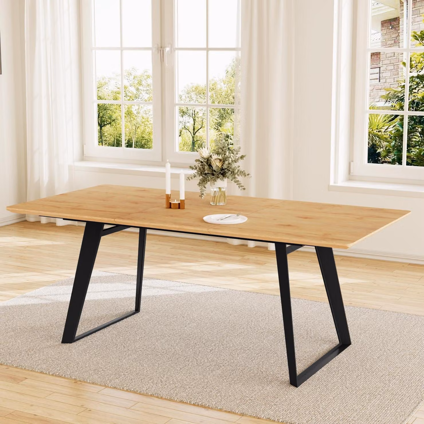 Tavolo da pranzo allungabile, dimensioni 130-170 cm, con 4-6 sedie, finitura effetto legno MDF, struttura in metallo nero