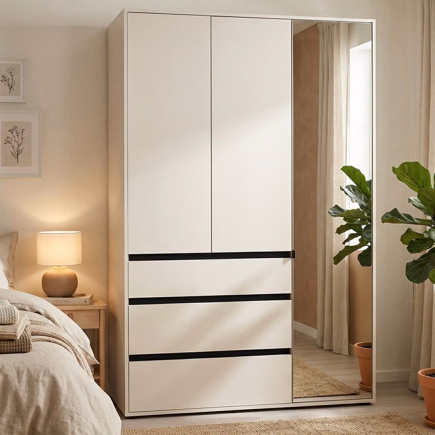 Ilbonoo - Guardaroba 3 Ante, 138x55 cm Bianco, 4 Ripiani