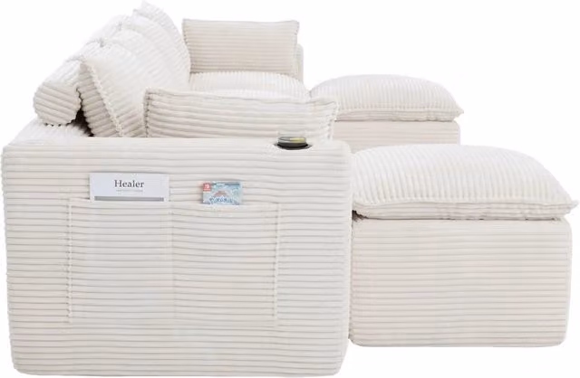 Divano modulare 4 posti con pouf, tessuto a coste beige, cuscini, portabicchieri e tasche laterali