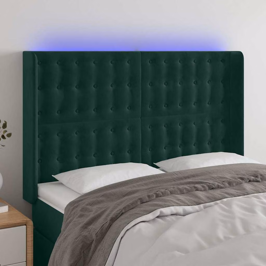 Testiera per letto vidaXL in velluto verde scuro con illuminazione LED e porta di ricarica USB, L/P/H: 147 x 16 x 118/128 cm