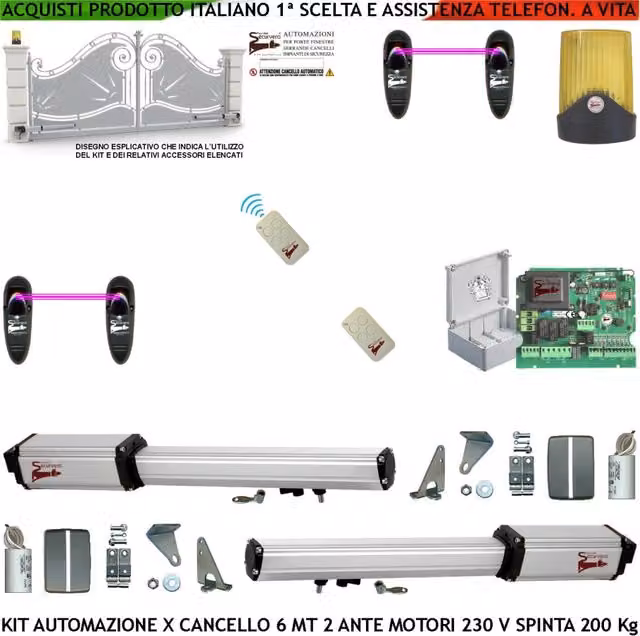 Automazione Cancello 6 Metri 2 Ante 3 MT Kit Automatismo Motori Elettromeccanici 230 V Spinta 2 Q.li Staffe Chiavi Sblocco Centrale Comando Due Radiocomandi Faro Fotocellule 2 Coppie Cartello Monitore