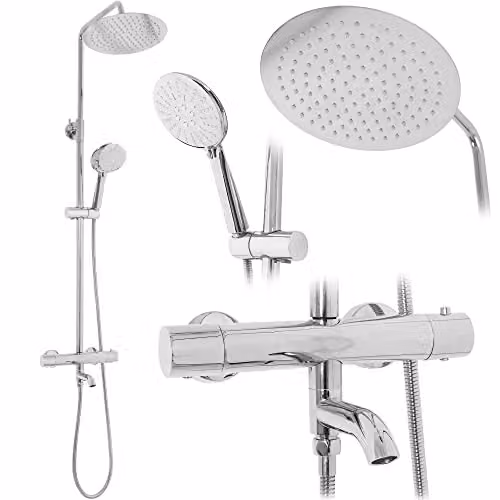 Rea - Colonna Doccia Con Termostato Lungo Cromo Sistema Doccia In Ottone Per Bagno (Cromo) 45x26,5x117cm