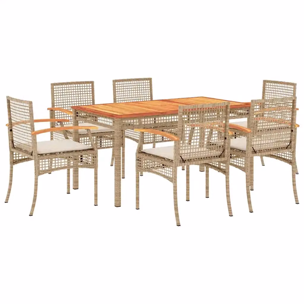 Set da pranzo da giardino vidaXL in legno di acacia e polyrattan con 7 pezzi e cuscini beige e bianchi – 2