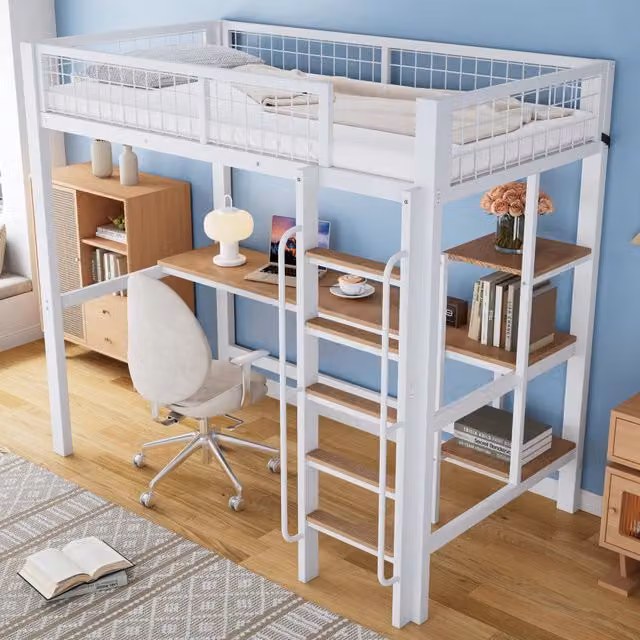 Letto a soppalco 90 × 200 cm con scrivania, scaffali e scala a 5 gradini, senza materasso, bianco naturale