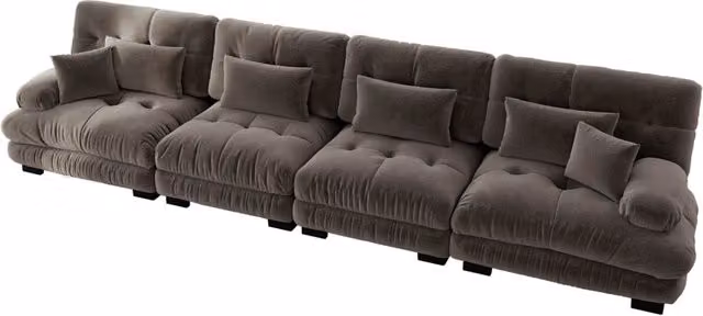 Divano angolare modulare in chenille vintage marrone a 4 posti con seduta profonda e design confortevole
