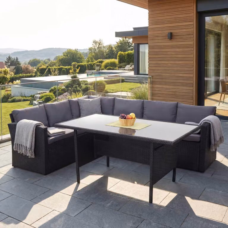 Set in polirattan HWC-A29, set da giardino tavolo da pranzo, nero ~ cuscini grigio scuro
