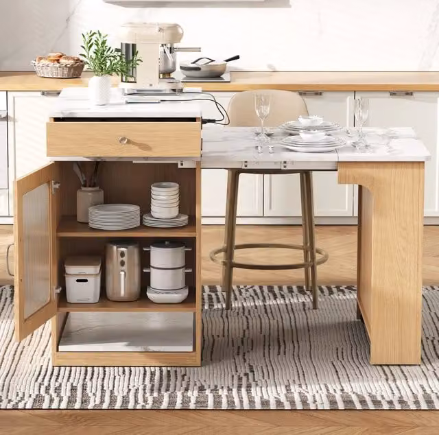 Isola da cucina ULEVR 80x71-111-151x92 cm con piano estensibile, presa multipla e contenitori, naturale