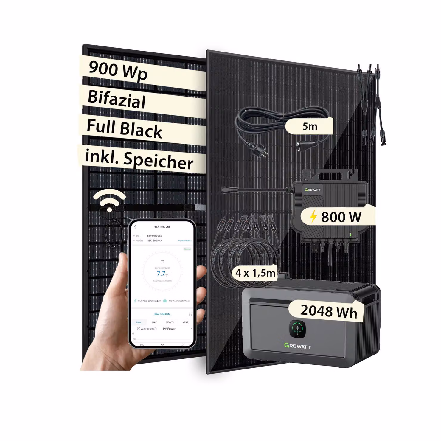 Impianto fotovoltaico da balcone VALE da 900 Wp con accumulatore bifacciale | Growatt Noah 2.048 Wh e Neo 800M-X | 2x 450 Wp Full-Black, cavo CA da 5 m, WiFi