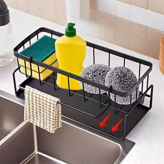 Portasoggetti universale per lavello, con porta asciugamani, ideale per cucina e bagno - Colore: nero - Multifunzionale - Organizzatore per lavello con portaspugna.