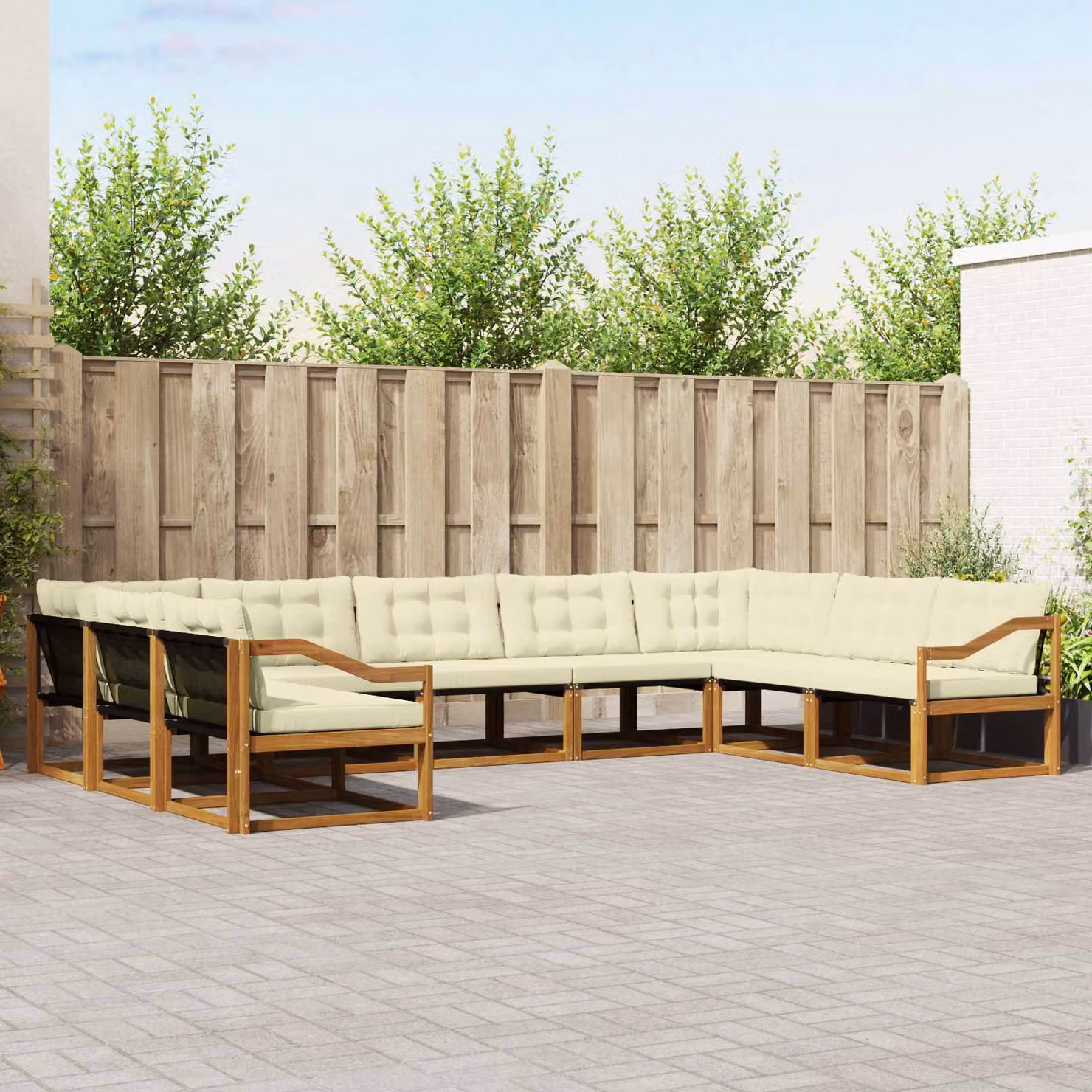 Set di divani da esterno vidaXL 9 pz in legno di acacia con cuscini beige e bianco a forma di U per giardino e terrazza