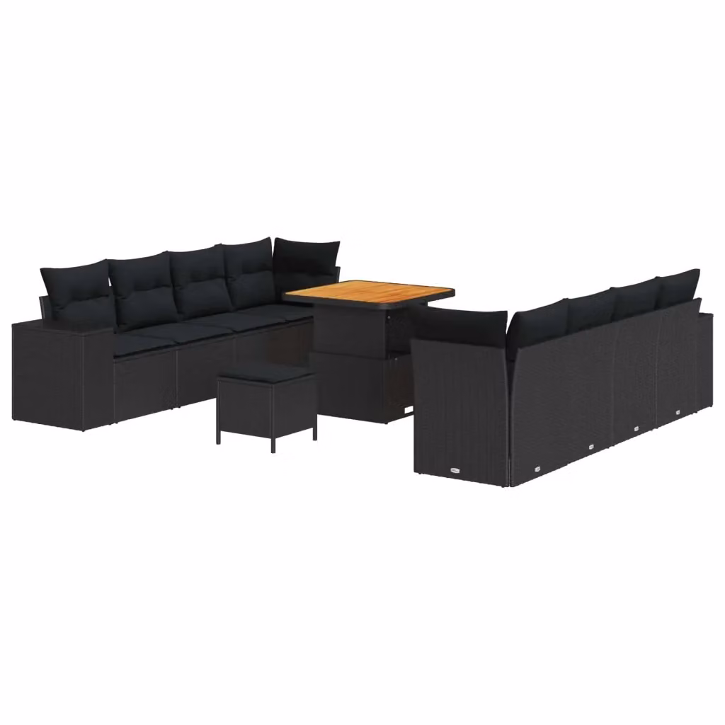 Set Divano da Giardino vidaXL a forma a U in Polyrattan Nero con 11 Pezzi, Cuscini Inclusi e Tavolino da Esterno – 2