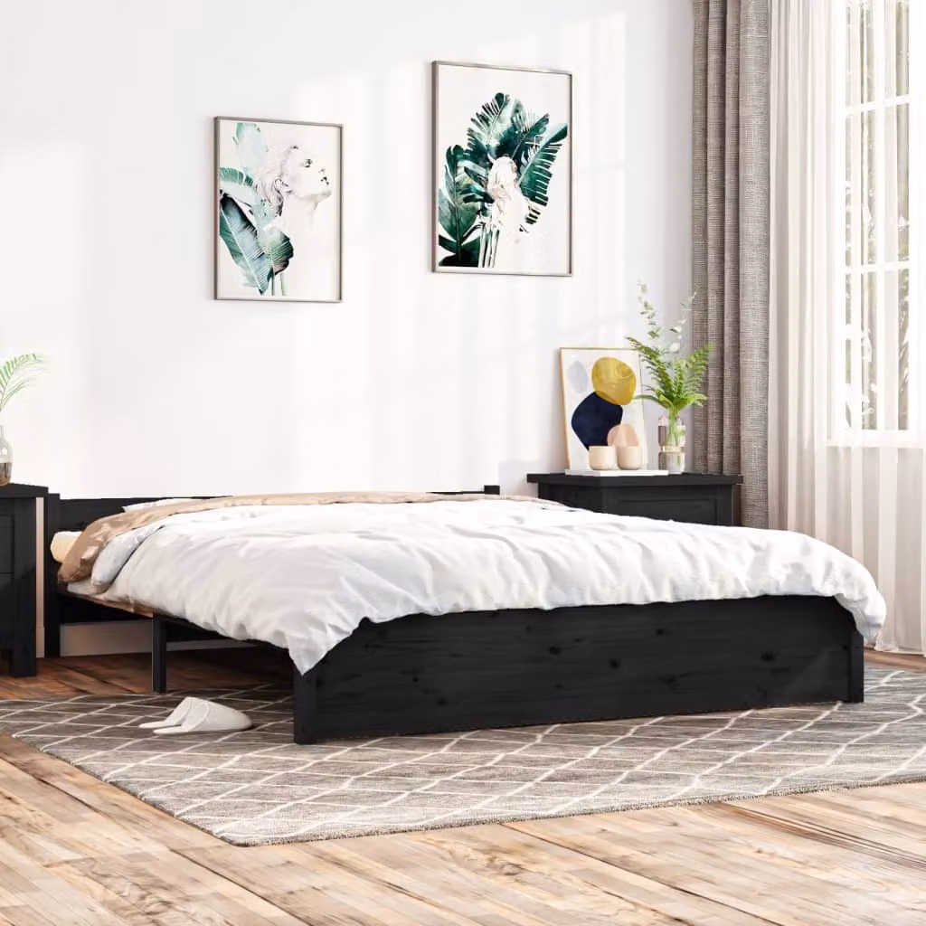 The Living Store Letto in legno massiccio nero 140x190 cm