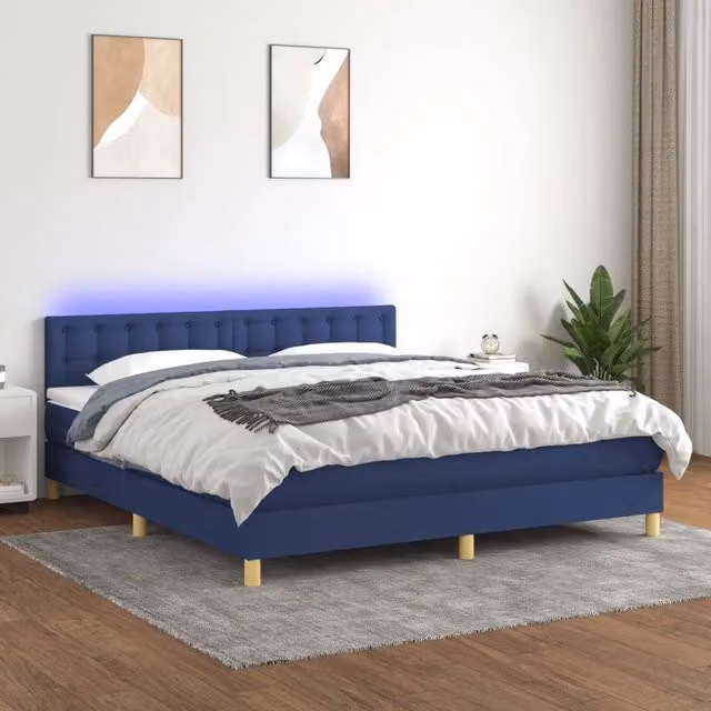Letto a molle con materasso vidaXL in tessuto blu e bianco con illuminazione LED sottostante e porta USB L/P/H: 180 x 200 x 203 cm
