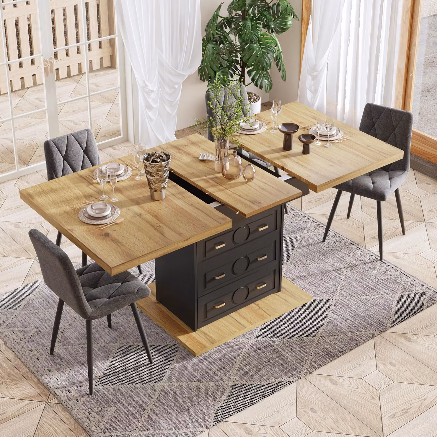 MODFU tavolo da pranzo tavolo da cucina in alta qualità piano del tavolo e piano allungabile, tavolo da soggiorno con due cassetti con chiusura magnetica, legno