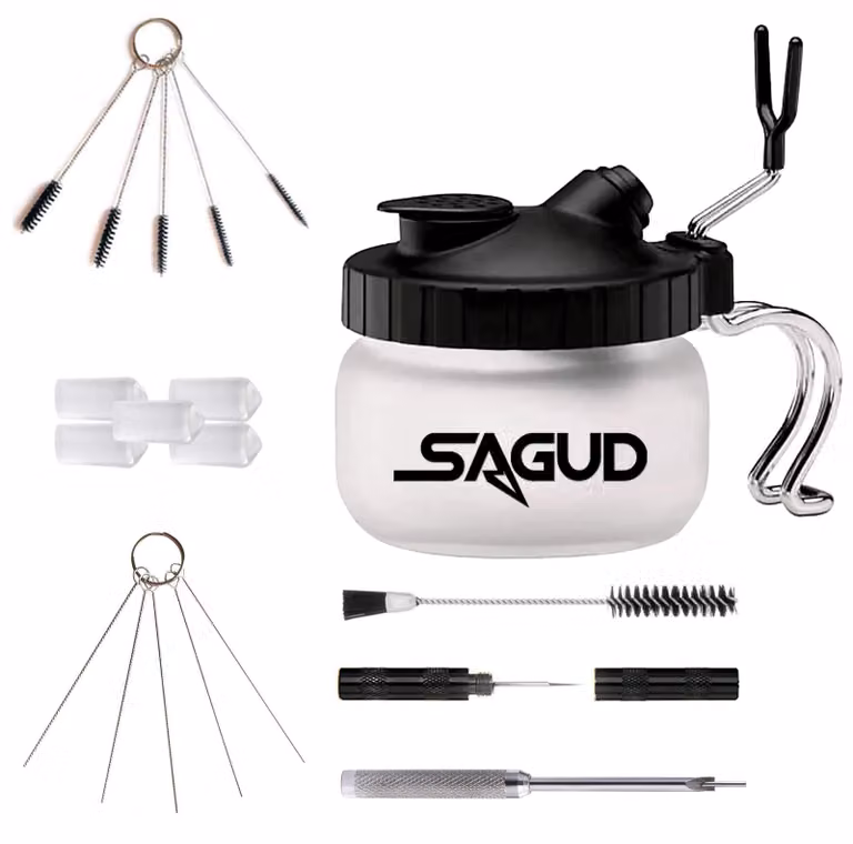 Kit di pulizia per aerografo, completo di spazzole, aghi e becher di vetro