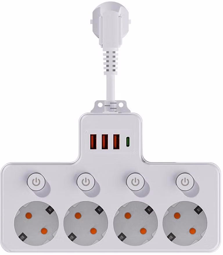 Multipresa con porte USB – 8 prese, 4 porte USB, interruttore, 2500 W, bianco
