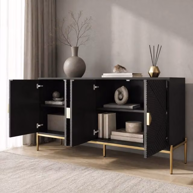 Credenza moderna nera con dettagli dorati e design geometrico in MDF e metallo per soggiorno o sala da pranzo