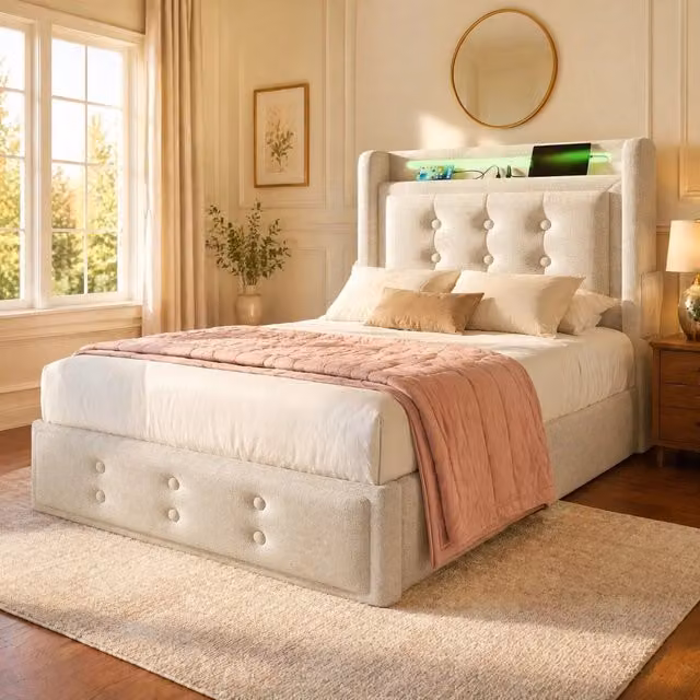 Letto singolo REDOM beige con illuminazione LED, prese USB e Type C, contenitore a sollevamento e mensola integrata, L/P: 90 x 200 cm – 1