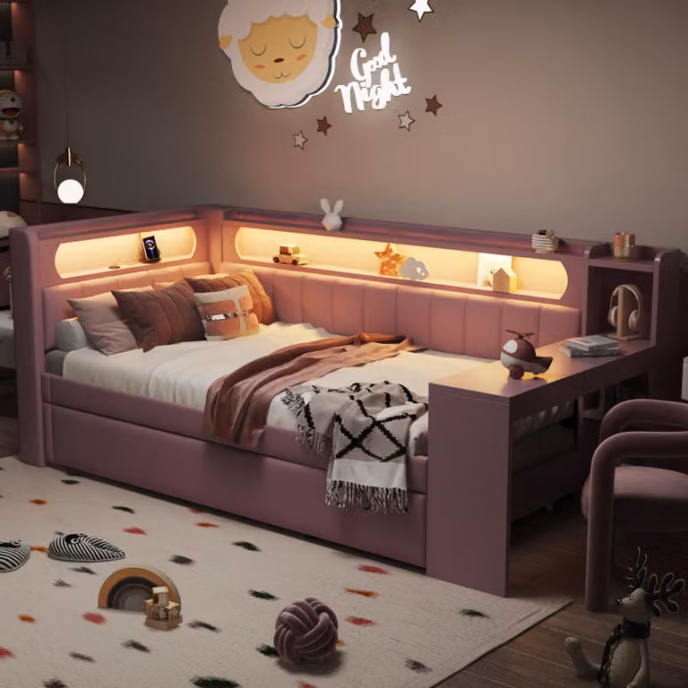 Letto a giorno imbottito 90x200 con prese USB e fascia LED, dotato di letto estraibile e scrivania, color rosa