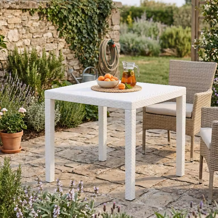 Dmora Tavolo da Esterno Angelico 79x79x72h cm Bianco, 4 Posti Impermeabile, Idrorepellente, Lavabile Italy