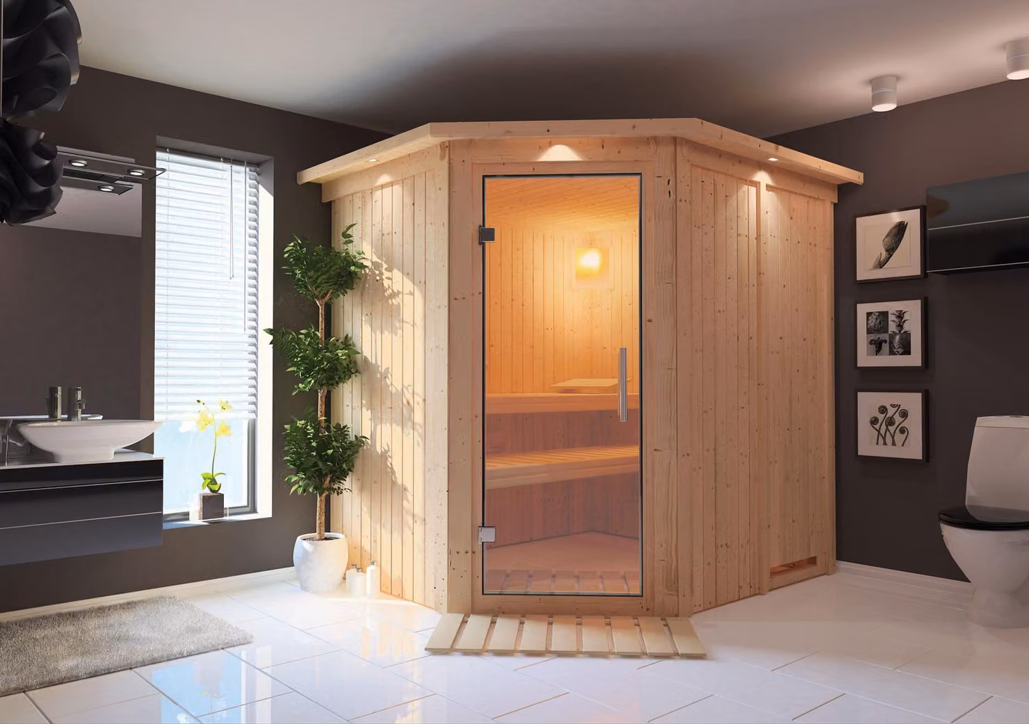 Sauna Siirin: con cornice luminosa sul tetto: in legno naturale: stufa a bioetanolo da 9 kW + centralina Easy porta in vetro trasparente. Colore: legno naturale. Cornice luminosa sul tetto: con cornice luminosa. Stufa per sauna: stufa a bioetanolo da 9 kW