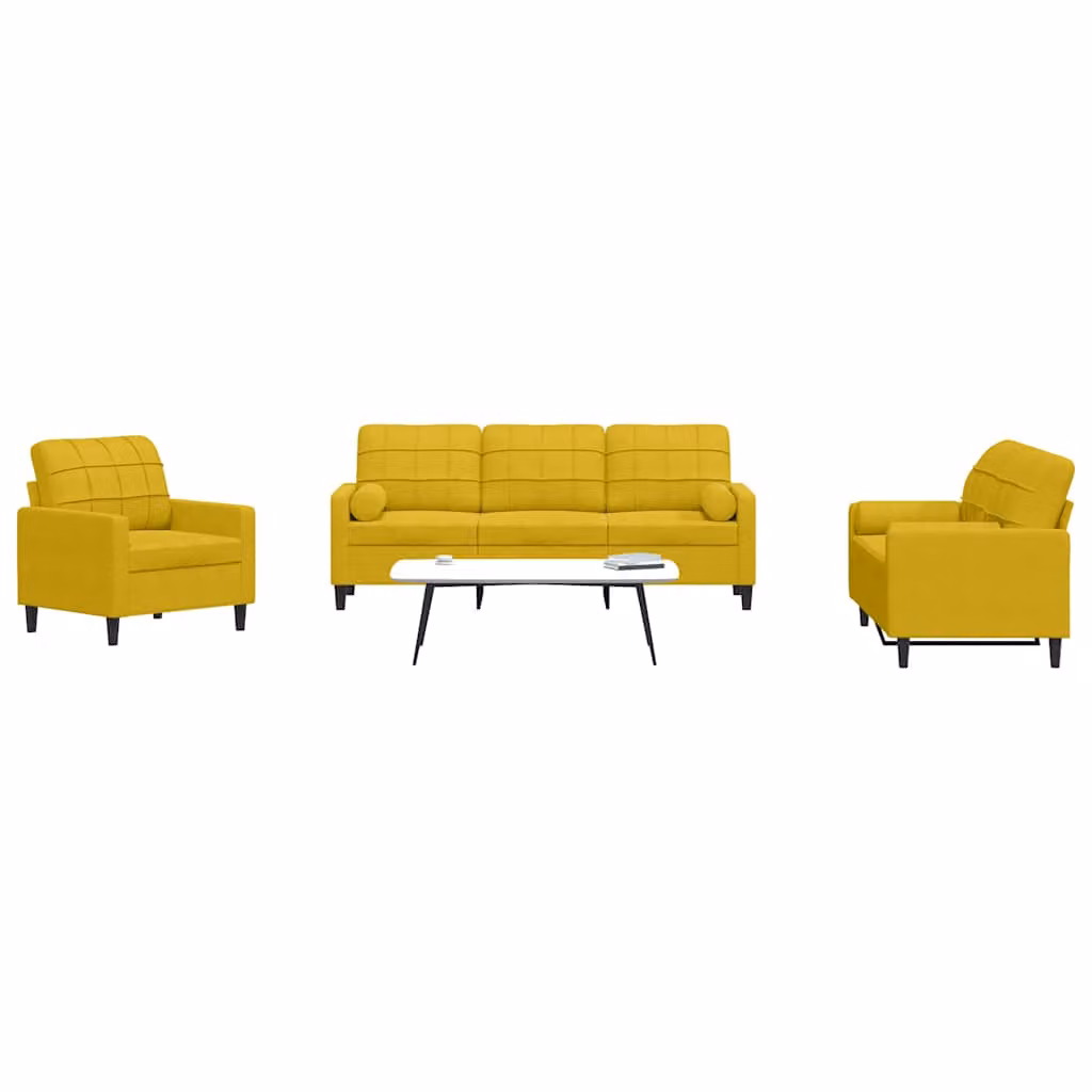 Set di divani 3 pezzi vidaXL in velluto giallo con cuscini e struttura in metallo per soggiorno