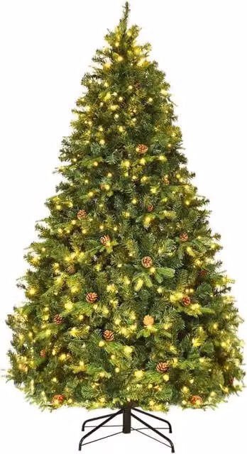 Albero di Natale COSTWAY con 460 Luci LED Bianco Caldo, 925 Rami e Pigne, Altezza: 210 cm