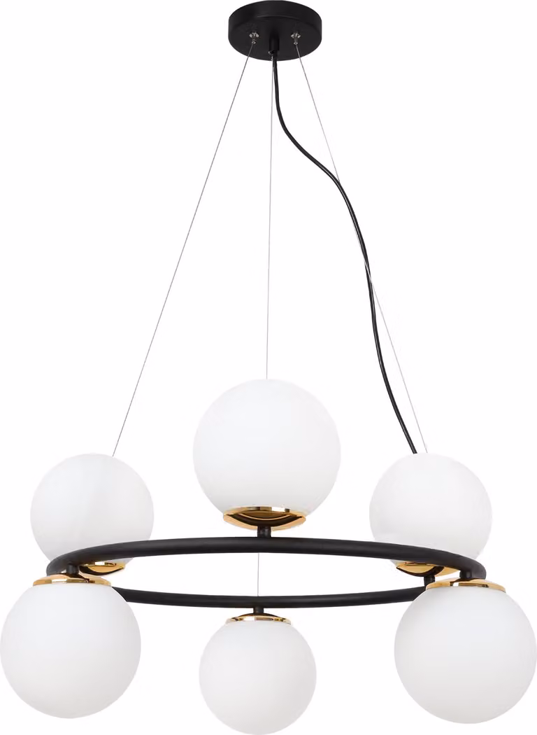 Lampada a sospensione Aura nero-oro 6 luci vetro bianco E14