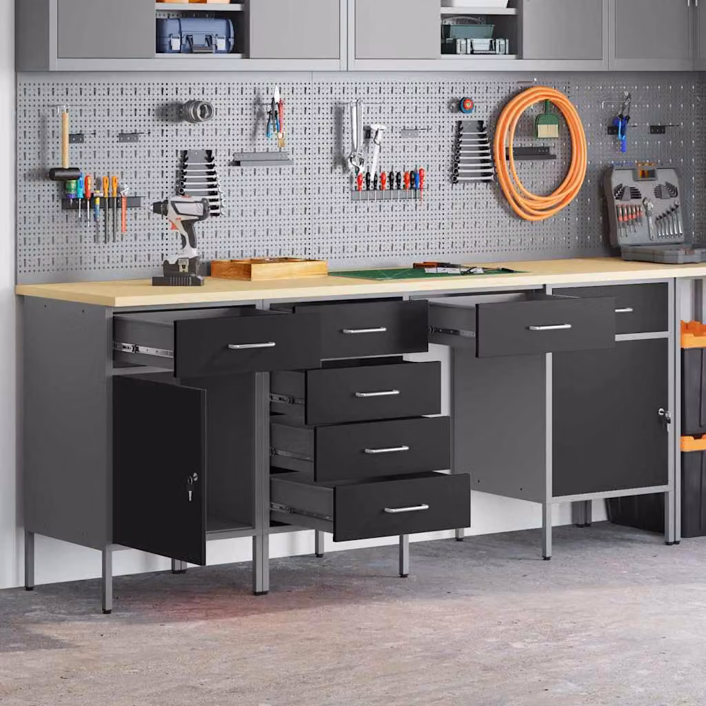 Set di carrelli mobile da lavoro vidaXL 4 pezzi in legno ingegnerizzato e acciaio, colore nero e grigio, con serratura