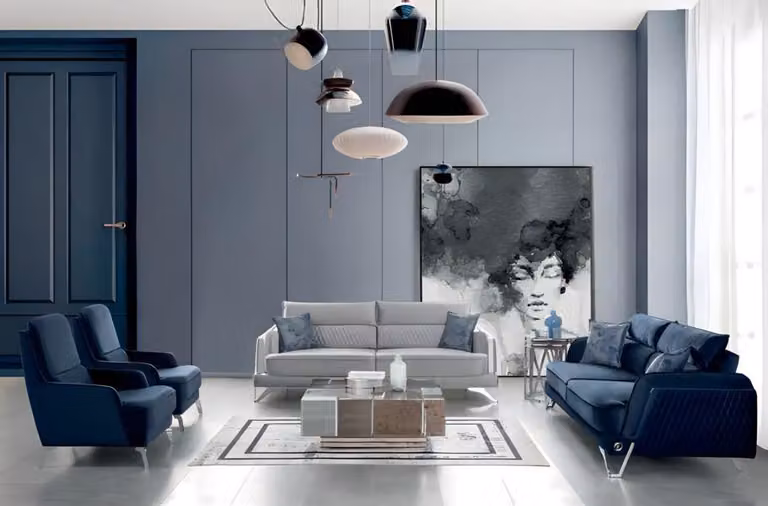 Sofagarnitur 3+3+1+1 Sitzer Blau Weiß Stoffbezug Chromfüße Modern Luxus Design