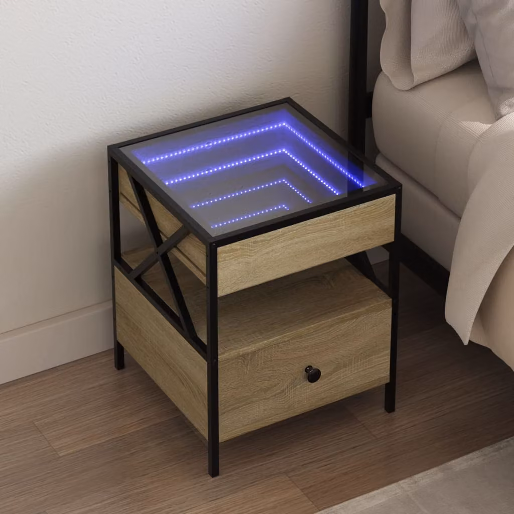Comodino con LED Infinity vidaXL in Rovere Sonoma e dettagli in metallo, L 40 cm, P 40 cm, H 51 cm