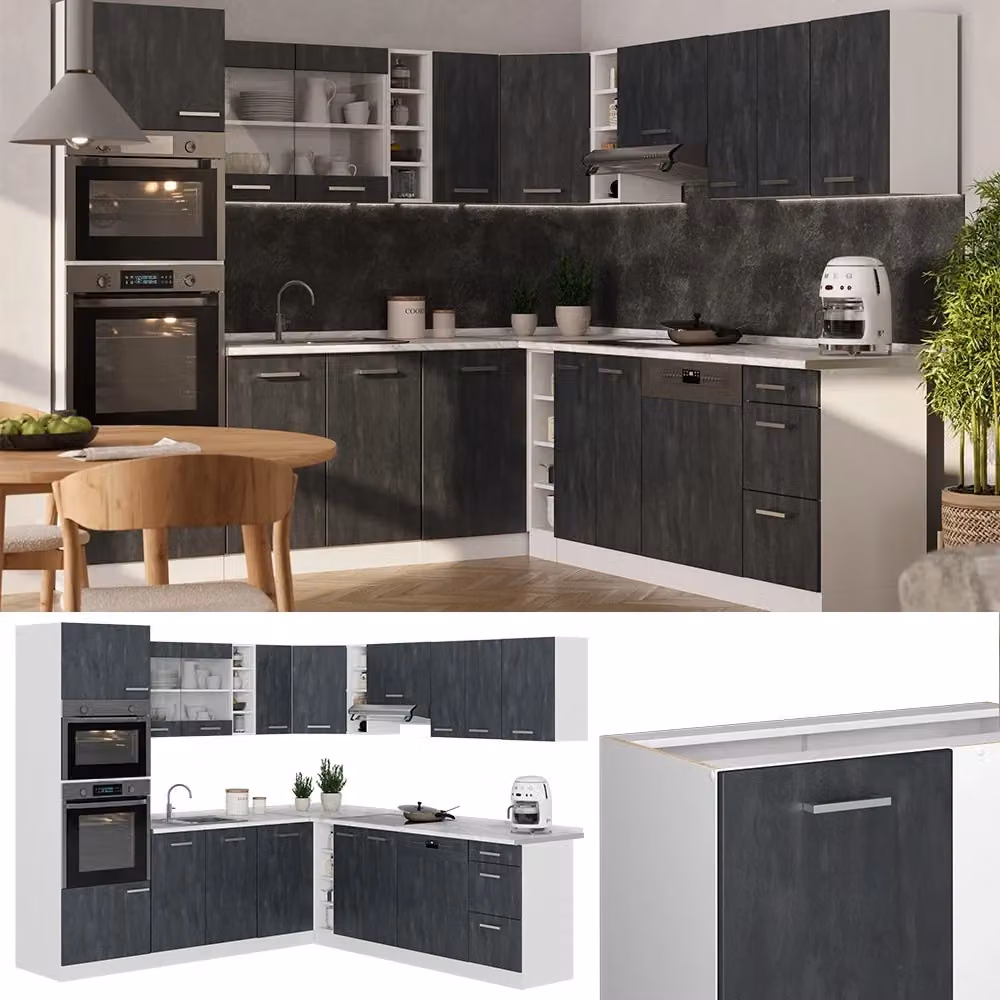 Cucina angolare moderna Vicco R-Line in finitura opaca nero, bianco e rovere con ante a battente e ante in vetro con illuminazione integrata L/P/H: 247 x 60 x 237 cm – 2