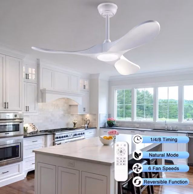 Ventilatore da soffitto moderno con LED dimmerabile, 3 pale in legno bianco e telecomando