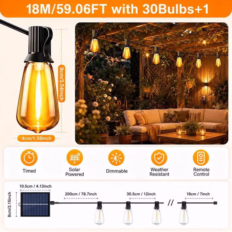 Catena luminosa solare - Illuminazione esterna - 18 metri - 30 lampadine LED - Intensità regolabile - Grado di protezione IP44 - Resistente all'acqua