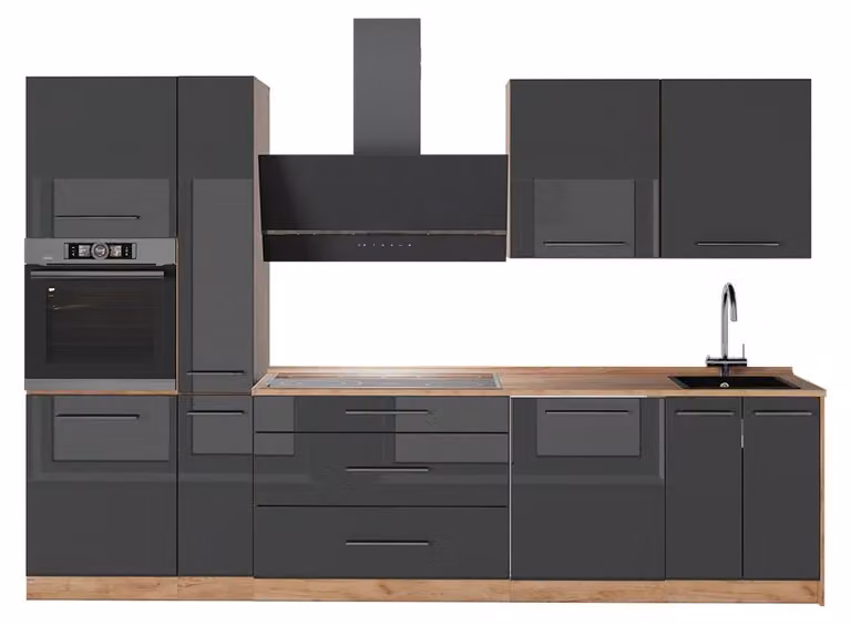 Cucina componibile Vicco Fame-Line Antracite lucido/Rovere dorato 310 cm senza piano di lavoro, Model 64291