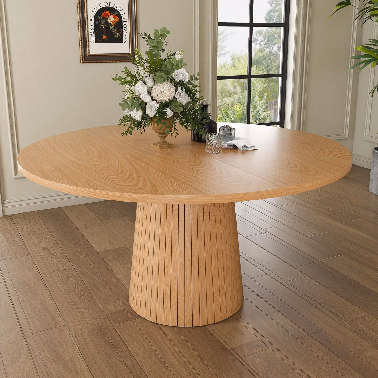 Tavolo rotondo per sala da pranzo, con base a colonna in metallo e struttura in legno di quercia, dal design semplice