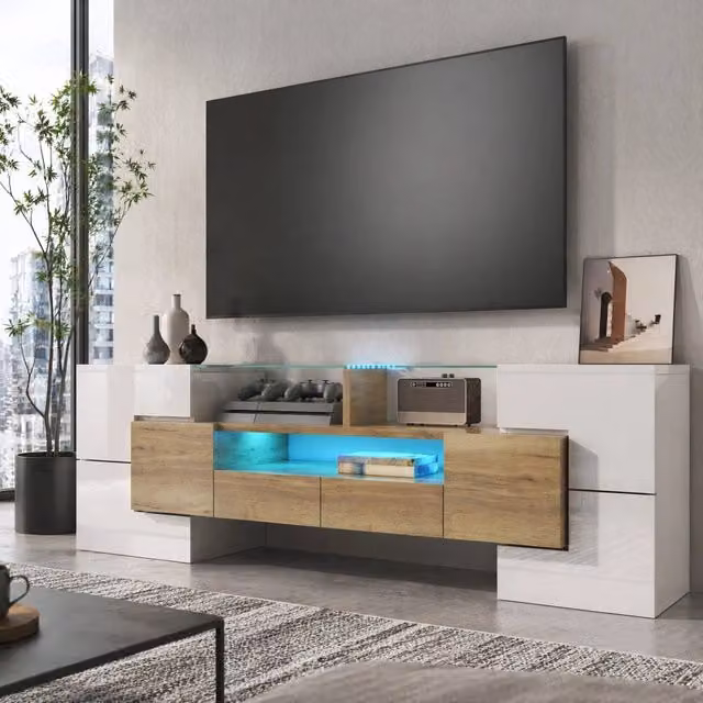 Mobile TV lucido 145 cm con 6 ante; 2 cassetti e LED multicolore; bianco e oro